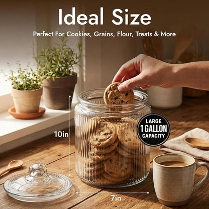 1 Gallon Glass Cookie Jar with Lid – Glass Jar with Lid - Airtight Food Storage Container for Cookies, Candy, Flour, Dog Treats – Clear Large Kitchen Jar for Pantry - Glass Containers with Lids
