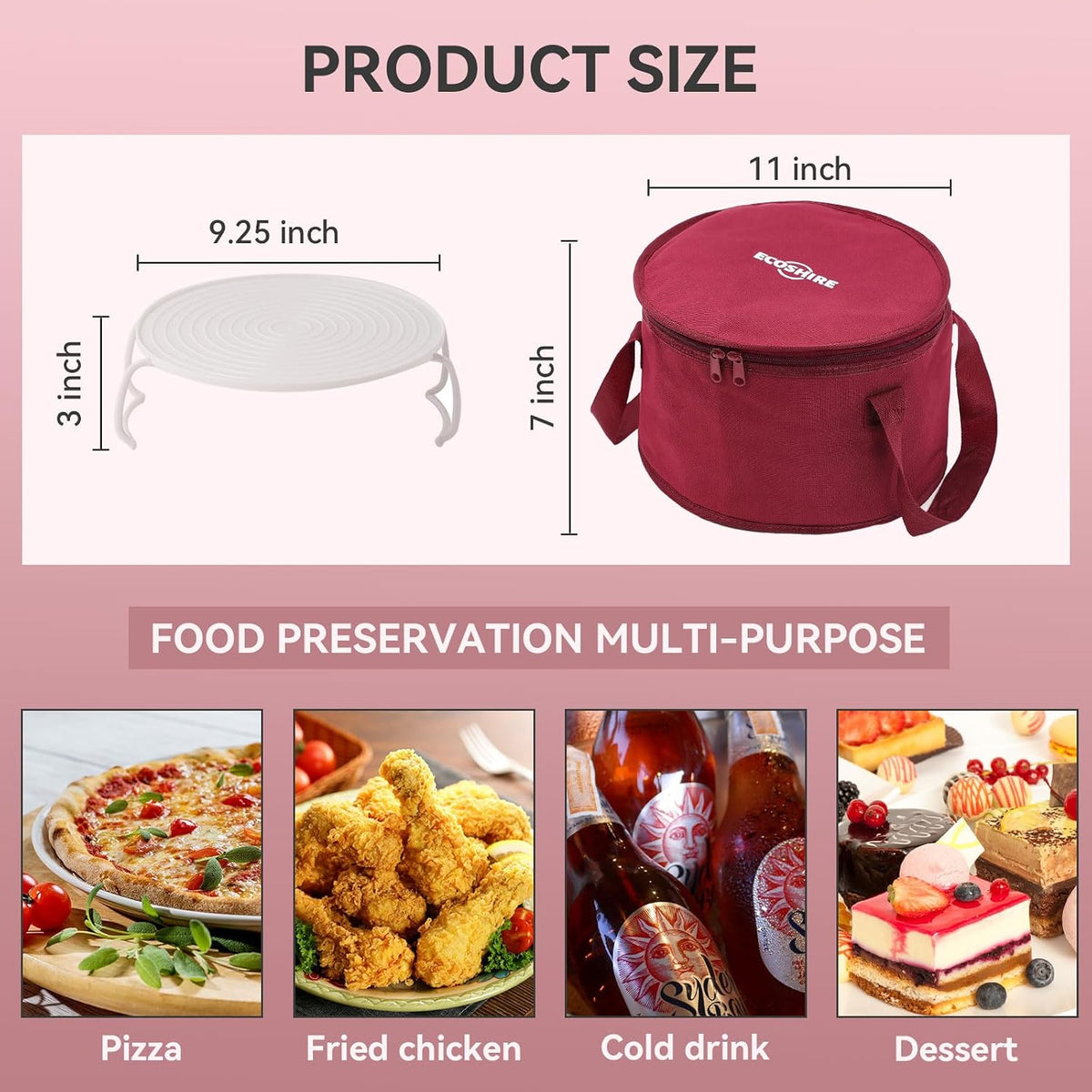 2-Piece Round Pie Carrier Set – 11”x7” Insulated Casserole Carrier with Lid & Handle, Reusable Cooler Thermal Bag for Potluck, Picnic