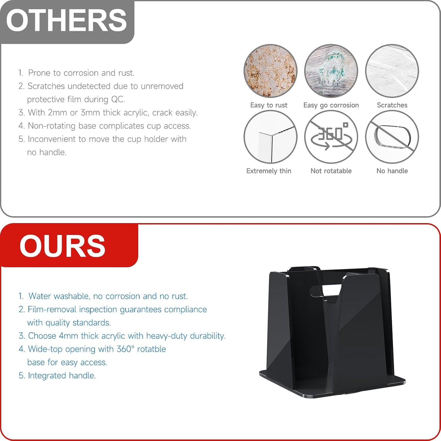 WINFFOR Coffee Cup Holder for Countertop - 4 Compartments Clear Rotating Disposable Cup Organizer Plastic Cup Storage Lid Carousel Coffee Bar Accesories for Restaurant Breakroom Kitchen Cabinet