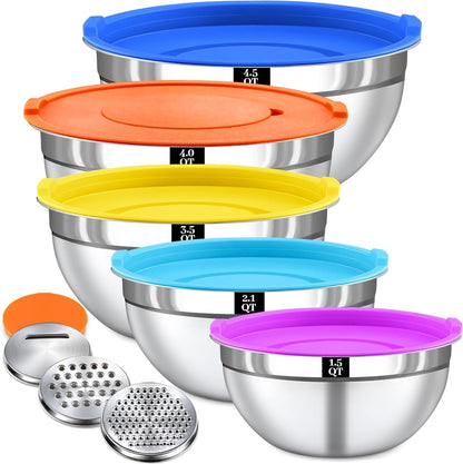 21PCS Mixing Bowls with Lids Set - 7 Nesting Mixing Bowls, 3 Graters, 11 Baking Tools, Lids, Stainless Steel Mixing Bowl for Mixing & Baking, Size 0.7/1.1/1.5/2.1/3.5/4/4.5 QT, Colorful