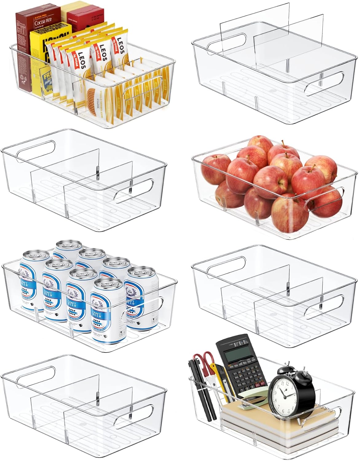 Mpotmiy 6 Pack Pantry Organizers and Storage,Clear Plastic Containers with 2 Dividers for Kitchen,Fridge Organization and Storage,Acrylic Bins for Pounches,Spice Packet,Snack organzier