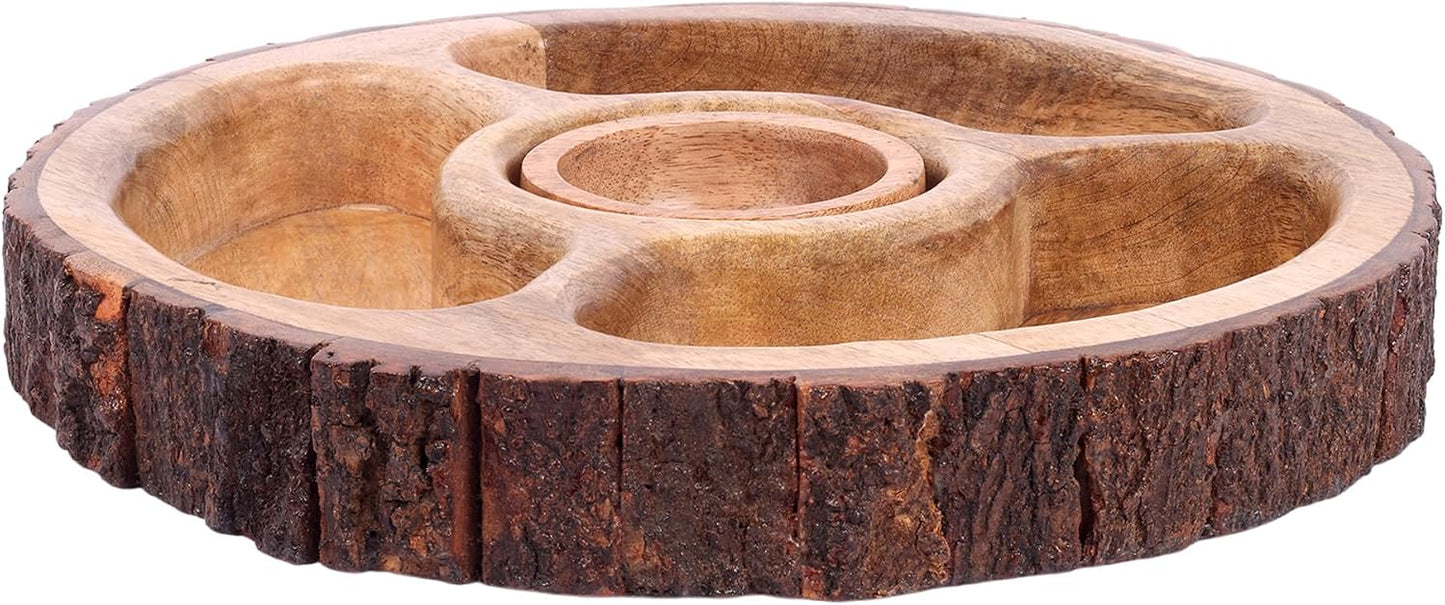 GoCraft Mango Wood Chip and Dip Serving Tray with Bowl, 4-Section Divided Appetizer Platter, Party Bowl Set for Chips & Salsa, Snacks, Entertaining, Hosting - Natural Brown, Rustic Bark Edge, 12.5"