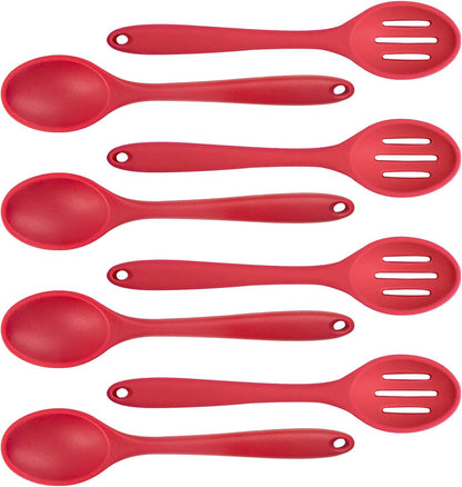 8 Pcs 8inch Heat Resistant Cooking Spoons for Nonstick Cookware Set -Ideal for Cooking, Baking, Mixing, Stirring Includes Slotted & Solid Spoons, Design for Nonstick Cookware (Black+Red+Green+Purple)