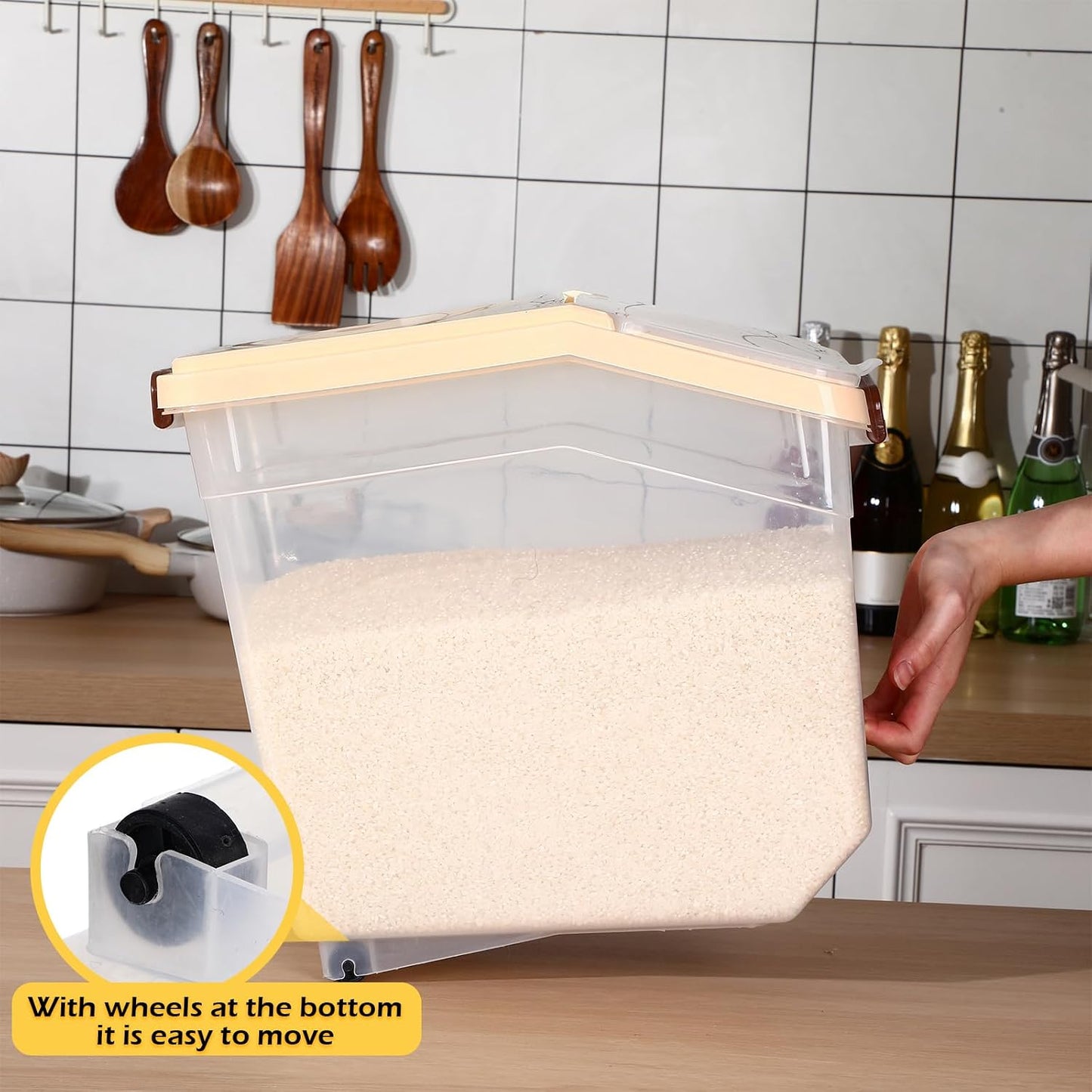 Sunnyray 4 Pcs Rice Storage Containers Bulk Flour Sugar Container Wheels Measuring Cups Set Airtight Pet Dog Cat Birds Food Bin Grain Cereal Organizer Box for Dry Baking (Beige,38 lb)