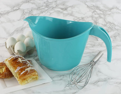 Batter Bowl With Pour Spout, Non-Slip Base,Space Saving Detachable Handle with Lid, Mixing with Measuring Spoons and Cups 2 QT Heavy Duty BPA-Free Microwave & Dishwasher Safe (Turquoise)