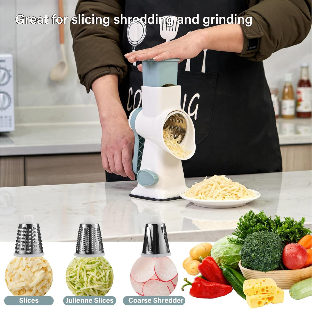 Rotary Cheese Grater hand crank 3 blades with Stronger Suction Base | Stainless Steel Blades for Fruits, Vegetables, Nuts. Dishwasher Safe & Easy to Clean, Transparent Black & Blue