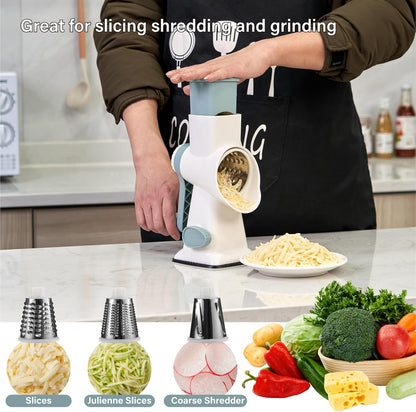 Rotary Cheese Grater hand crank 3 blades with Stronger Suction Base | Stainless Steel Blades for Fruits, Vegetables, Nuts. Dishwasher Safe & Easy to Clean, Transparent Black & Blue