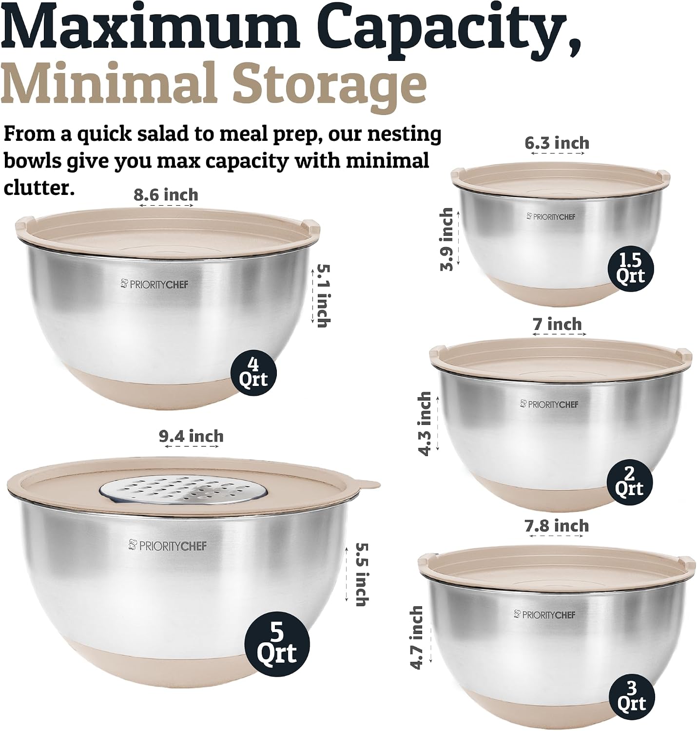 Priority Chef Stainless Steel Mixing Bowls with Lids Set, 3 Grater Attachments, Airtight Lids, Non-Slip Silicone Base Mixing Bowl Set, Large Prep Metal Mixing Bowls for Kitchen, Black