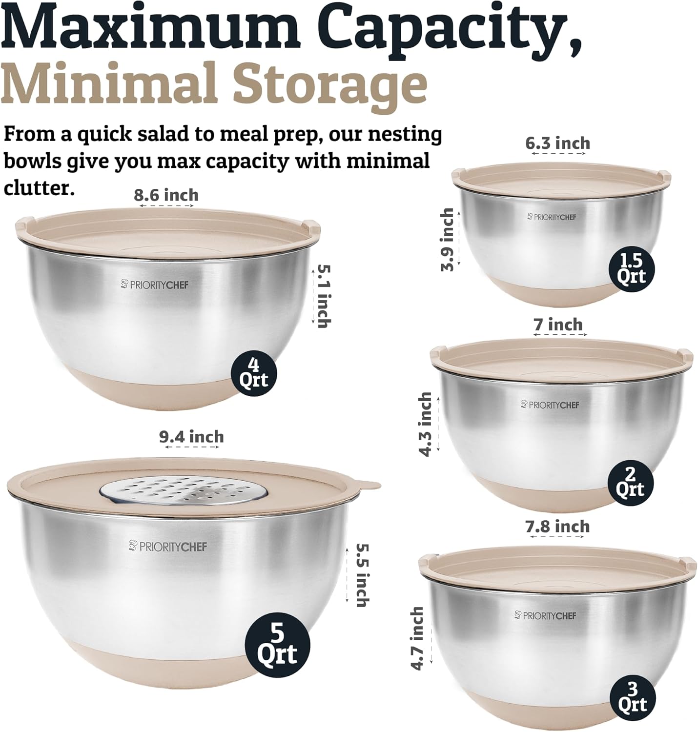Priority Chef Stainless Steel Mixing Bowls with Lids Set, Metal Nesting Bowls with Airtight Lids, Graters, Non-Slip Base & Measurement Marks, Includes Utensil Set for Prep, Baking & Storage, Black