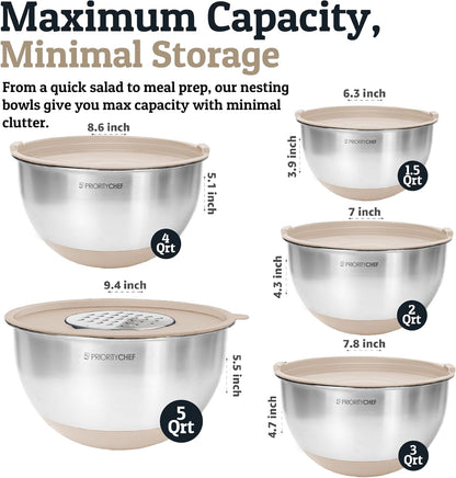 Priority Chef Stainless Steel Mixing Bowls with Lids Set, Metal Nesting Bowls with Airtight Lids, Graters, Non-Slip Base & Measurement Marks, Includes Utensil Set for Prep, Baking & Storage, Black