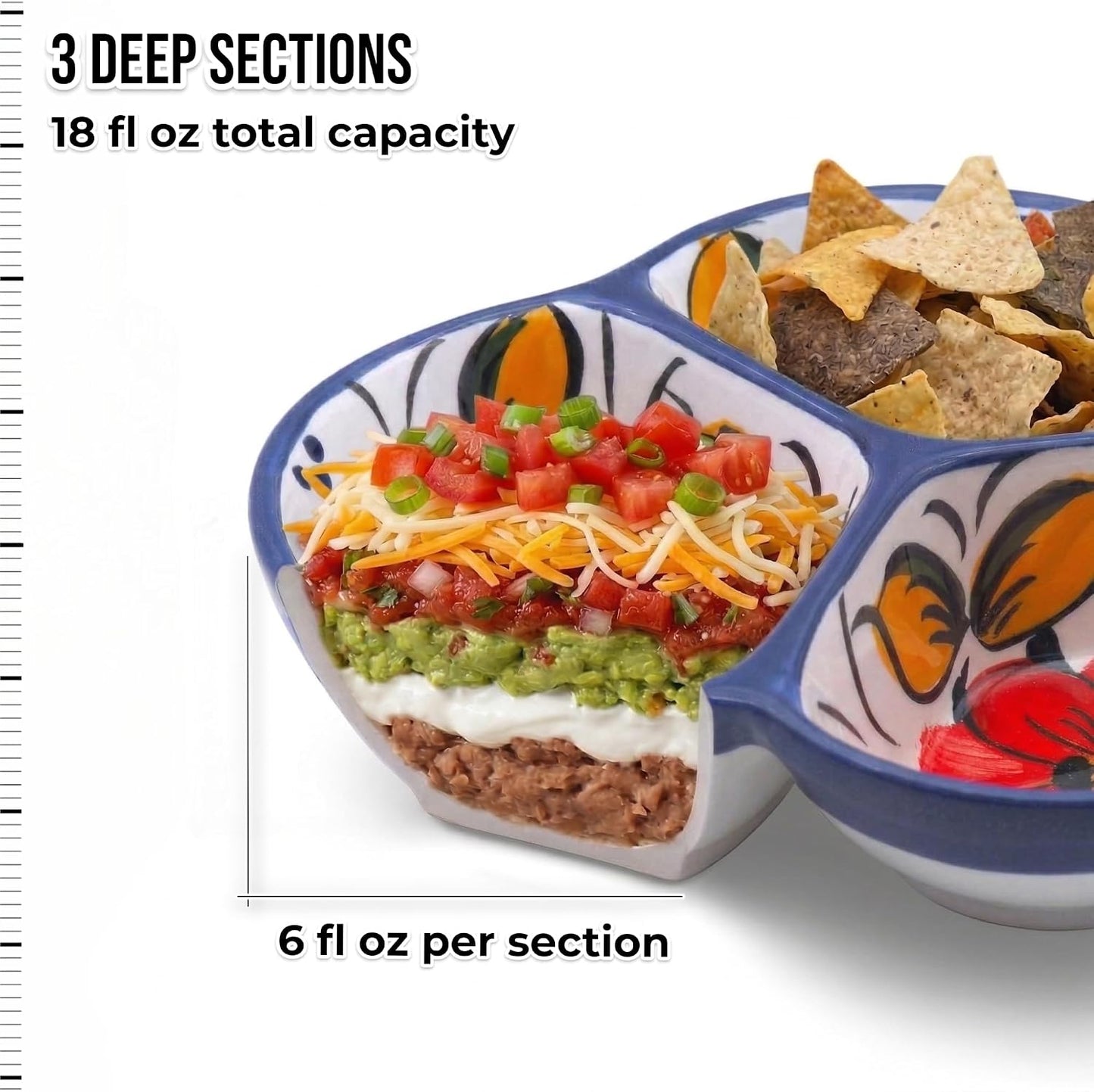 Ceramic Chip & Dip Bowl 7.5”, 3-Compartment Divided Serving Dish & Condiment Tray for Appetizers – Handmade in Spain, Lead-Free Glaze, Microwave, Oven & Dishwasher Safe