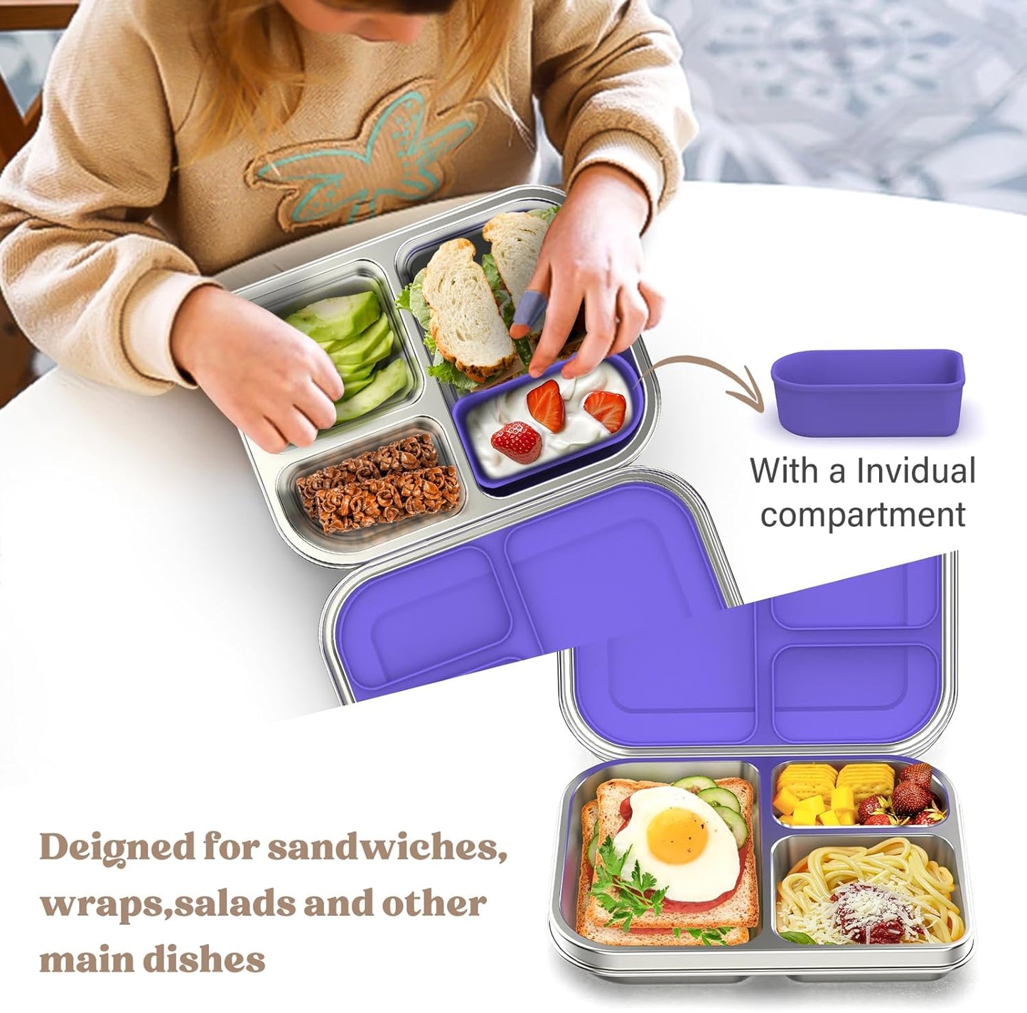 BABHAMNESS Stainless Steel Bento Box Kids, 3 Compartments Leak Proof Metal Bento Lunch Box, 304 Stainless Steel Bento Lunch Containers for School and Office,Dishwasher Safe, BPA-Free-Pink