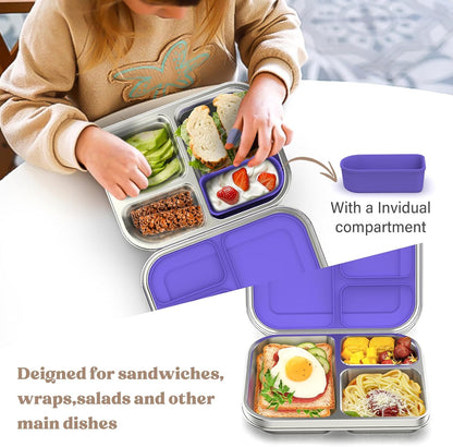 BABHAMNESS Stainless Steel Bento Box Kids, 3 Compartments Leak Proof Metal Bento Lunch Box, 304 Stainless Steel Bento Lunch Containers for School and Office,Dishwasher Safe, BPA-Free-Pink