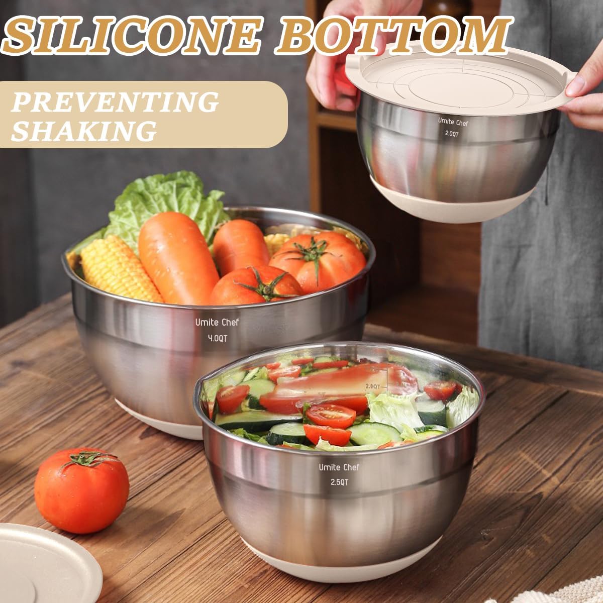 Thickened Heavy-Duty 26pcs Stainless Steel Bowl, Mixing Bowl Set with Lid, Grater Attachment, Non-Slip Bottom and Kitchen Gadget Set, Sizes 7, 4, 2.5, 2.0, 1.5, 1QT, Ideal for Mixing and Serving