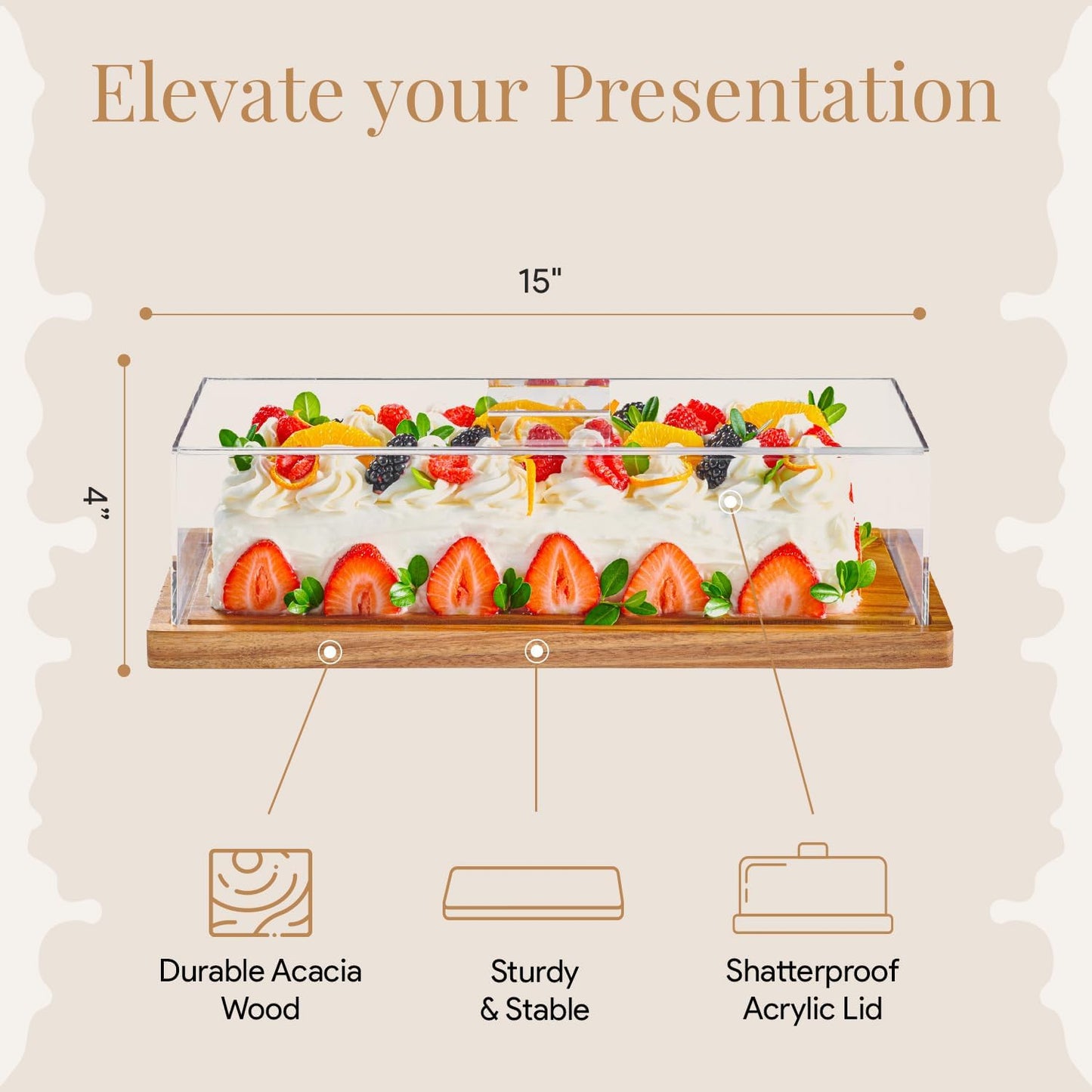 HOMESPHERE Cake Display with Lid – Acacia Wood Dessert Stand & Wooden Charcuterie Board with Lid for Loaf Cakes, Bread, Pastries, Cheese, Large Rectangle Wood Tray Platter & Acrylic Cover, 15 x 6.25”