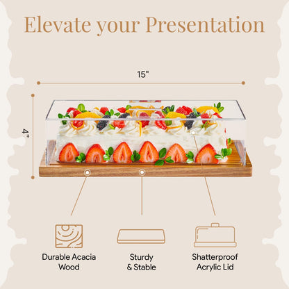 HOMESPHERE Cake Display with Lid – Acacia Wood Dessert Stand & Wooden Charcuterie Board with Lid for Loaf Cakes, Bread, Pastries, Cheese, Large Rectangle Wood Tray Platter & Acrylic Cover, 15 x 6.25”