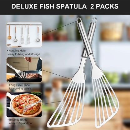 Cualork 2-Piece Premium Fish Spatula Set, Big Size Stainless Steel, Thickness Blade Turner for Cooking, Flipping, Frying and Grilling