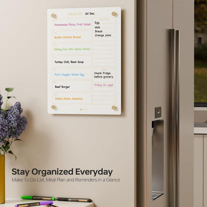 Clear Glass Weekly Dry Erase Calendar & Menu Non-Magnetic Whiteboard for Wall, Meal Plan & Grocery List White Board for Kitchen, 15x11, 7 Days Home Planner, 4 Wet Erase Markers Included, Yeoux
