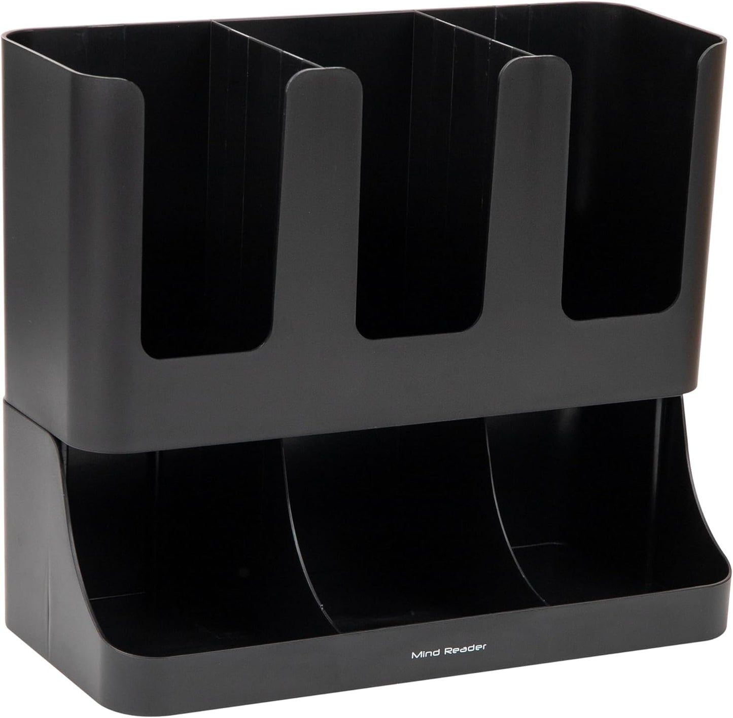 Mind Reader Cup and Condiment Station, 13 Inch Countertop Coffee Bar Organizer with 6 Compartments, Storage Caddy for Cups, Lids and Packets, Plastic, Black
