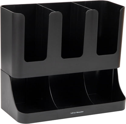 Mind Reader Cup and Condiment Station, 13 Inch Countertop Coffee Bar Organizer with 6 Compartments, Storage Caddy for Cups, Lids and Packets, Plastic, Black
