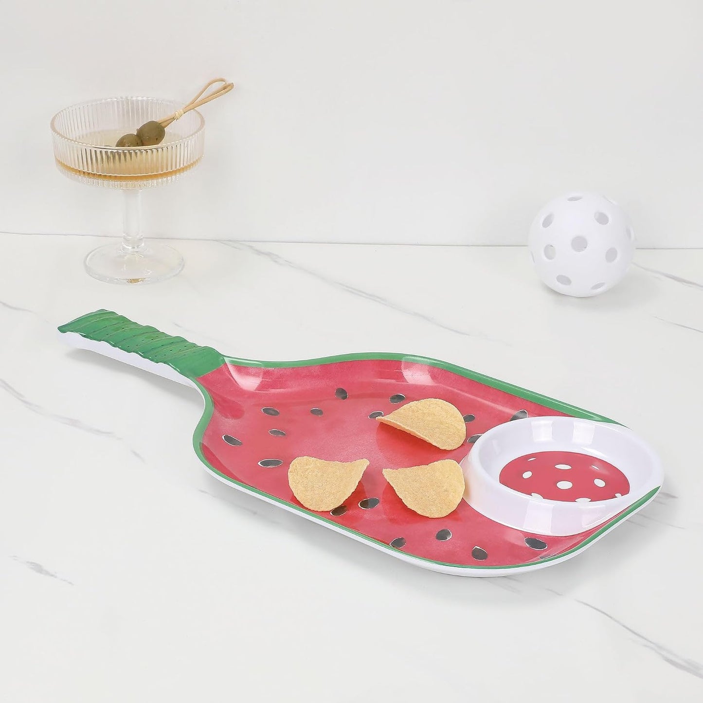 UPware Watermelon Melamine Chip and Dip Snack Tray, Summer Fruit Pickleball Paddle Shape Platter for Chips, Salsa, Fruits, and Appetizers, 15.75 x 8 Inch