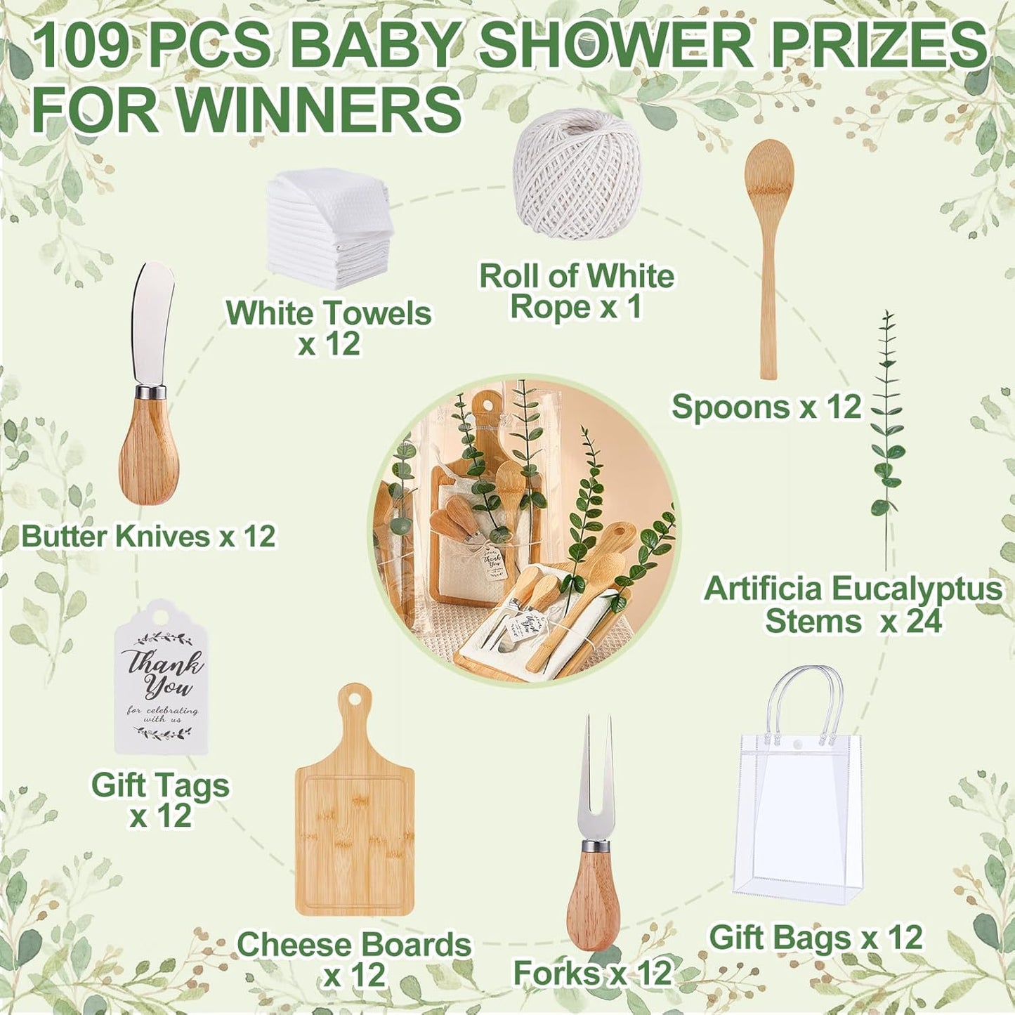Baby Shower Prizes for Game Winners Bamboo Cheese Board Spoon Fork Butter Spreaders Plaid Towel Thank You Card and Gift Bags for Baby Shower Wedding Bridal Shower Favors (Acacia, 6 Sets)