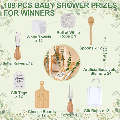 Baby Shower Prizes for Game Winners Bamboo Cheese Board Spoon Fork Butter Spreaders Plaid Towel Thank You Card and Gift Bags for Baby Shower Wedding Bridal Shower Favors (Acacia, 6 Sets)