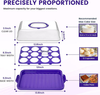 VGOODALL Cake Carrier with Lid and Handle, 12 Capacity Cupcake Carrier, 2-in-1 Rectangular Cupcake Holder for Pies Muffin Pizza Nuts Fruit, Dessert Storage Containers for Parties, Picnics, Baking