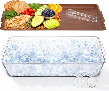 Baderke 16" x 9" Chilled Serving Tray for Parties with Compartments Ice Chilled Party Crudite Platter Charcuterie Serving Board Cold Dish Dip with Tableware for Seafood Vegetable(Silver Glitter)