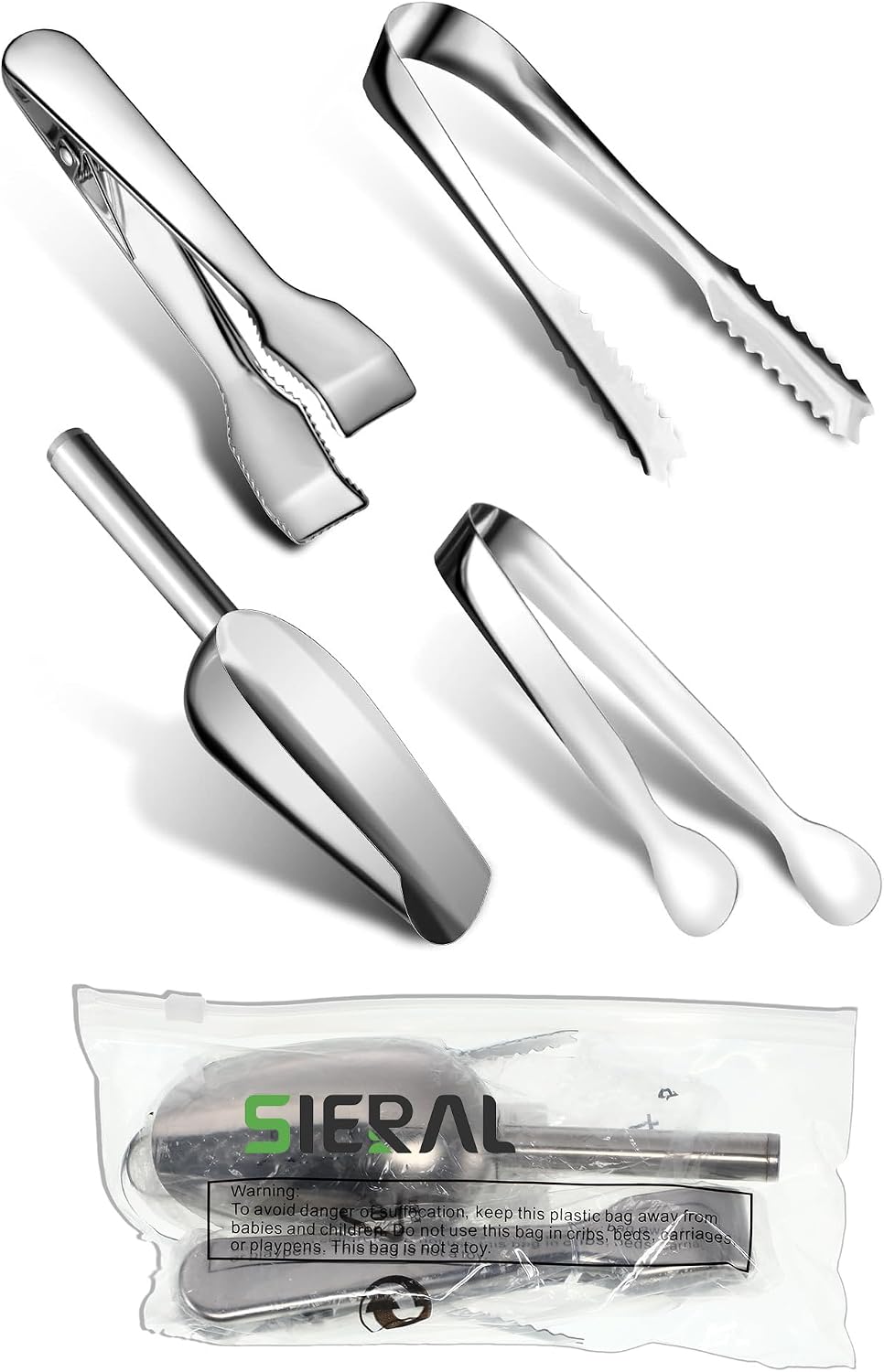 Sieral 4 Pieces Silver Ice Tongs and Scoops for Ice Bucket Stainless Steel Serving Tongs with Teeth Metal Shovel Scooper for Sugar Cubes Tea Party Coffee Food Buffet Cocktail Bar BBQ Party Supply