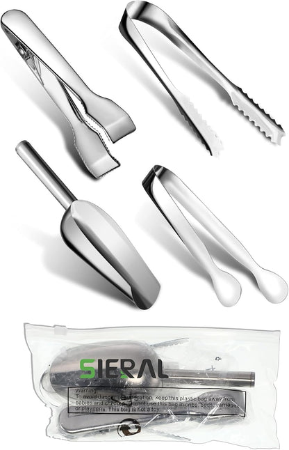Sieral 4 Pieces Silver Ice Tongs and Scoops for Ice Bucket Stainless Steel Serving Tongs with Teeth Metal Shovel Scooper for Sugar Cubes Tea Party Coffee Food Buffet Cocktail Bar BBQ Party Supply