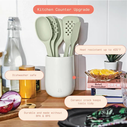 6 Piece Silicone Kitchen Utensil Set with Holder, Heat Resistant Cooking Tools, Nonstick Safe Spatula Spoon Turner Set with Ceramic Storage Crock