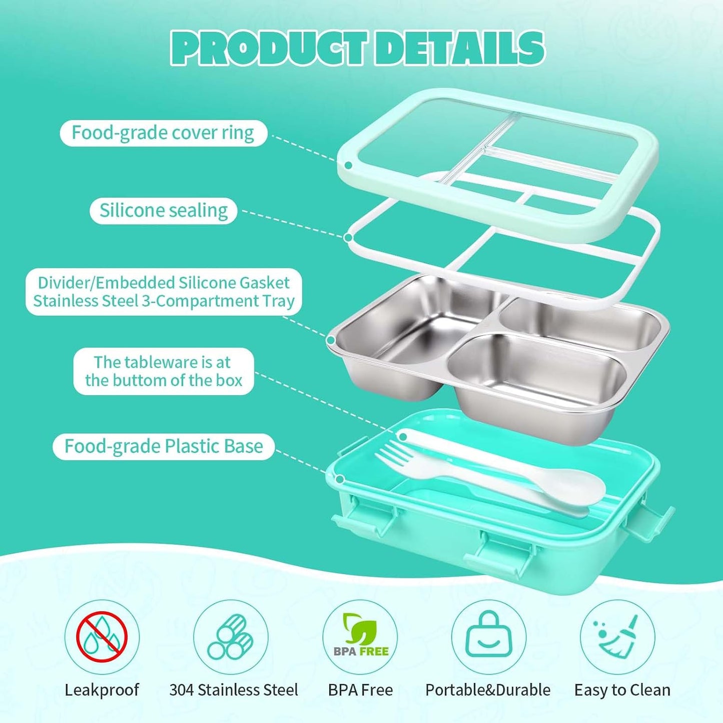 Kids Stainless Steel Bento Box, 3 Compartments Leakproof Lunch Box, Portable Food Storage Containers with Silicone Lids BPA-Free for Office, Picnics, Travel, Blue