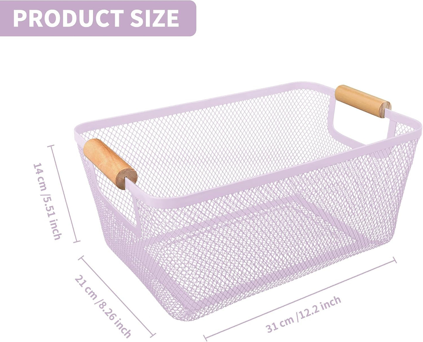 2Pack Metal Mesh Steel Basket with Bamboo Handle - Wire Metal Basket for Kitchen Organization, 12" Wide Food Organizer Bin, Perfect for Organizing Bulk Pantry (WHITE)
