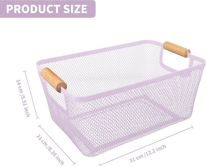 2Pack Metal Mesh Steel Basket with Bamboo Handle - Wire Metal Basket for Kitchen Organization, 12" Wide Food Organizer Bin, Perfect for Organizing Bulk Pantry (WHITE)