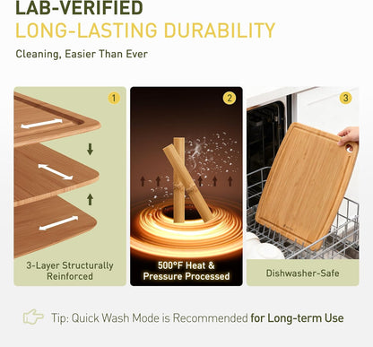 Lightweight Durable Bamboo Cutting Board Set with Non-Slip Feet, Wood Cutting Board for Busy Kitchen, Easy Clean Wooden Chopping Boards with Juice Groove Best House Warming Gift Set of 3 (S+M+L)
