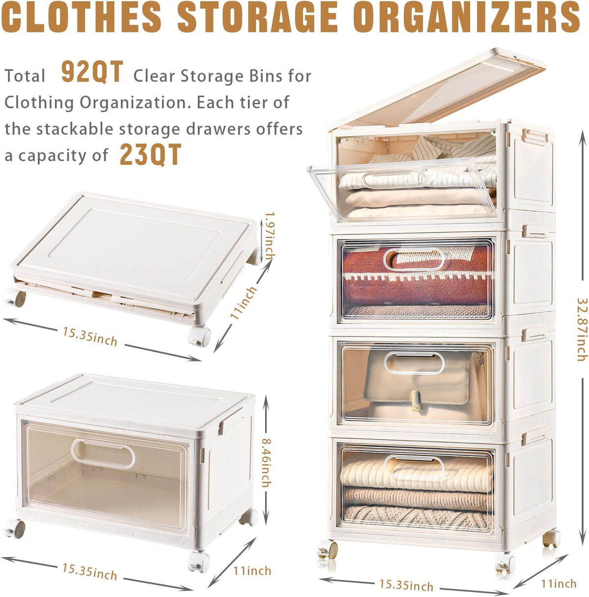 Freebat 6 Pack Closet Organizers and Storage,Clear Stackable Plastic Storage Bins with Lids Magnetic Doors,Clothes Organizers and Storage,Plastic Craft Containers for Wardrobe Kitchen Bathroom Office