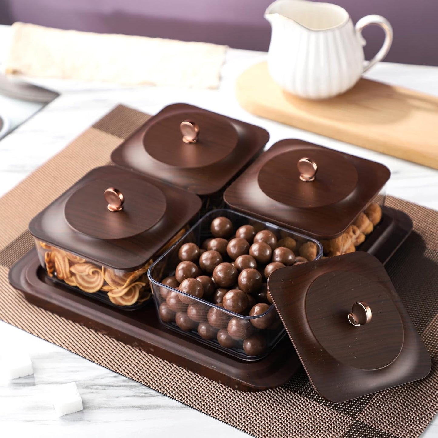 Serving Set: Plastic Imitated Wood Serving Tray & 4 Snack Boxes with Lid, Ideal for Home, Party & Birthday