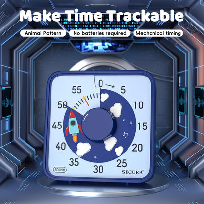 Secura 60-Minute Visual Countdown Timer, 7.5-Inch Oversize Classroom Visual Timer for Kids and Adults, Durable Mechanical Kitchen Timer Clock with Magnetic Backing (Blue)