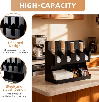 Commercial Cup and Lid Holder with Straw Organizer,Disposable Coffee Cup Condiment Dispenser for Countertop Org, Coffee Bar, Beverage Cup, Kitchen, Breakroom (11 Compartment Upright)