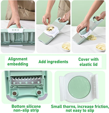 Vegetable Chopper, 7 in 1 Mandoline Food Slicer Cutter with Handheld Container, 6 Blades and Blade Box, Cheese Grater, Cucumber Slicer, Magnetic Kitchen Tools for Veggie Potato Onion Butter Carrot