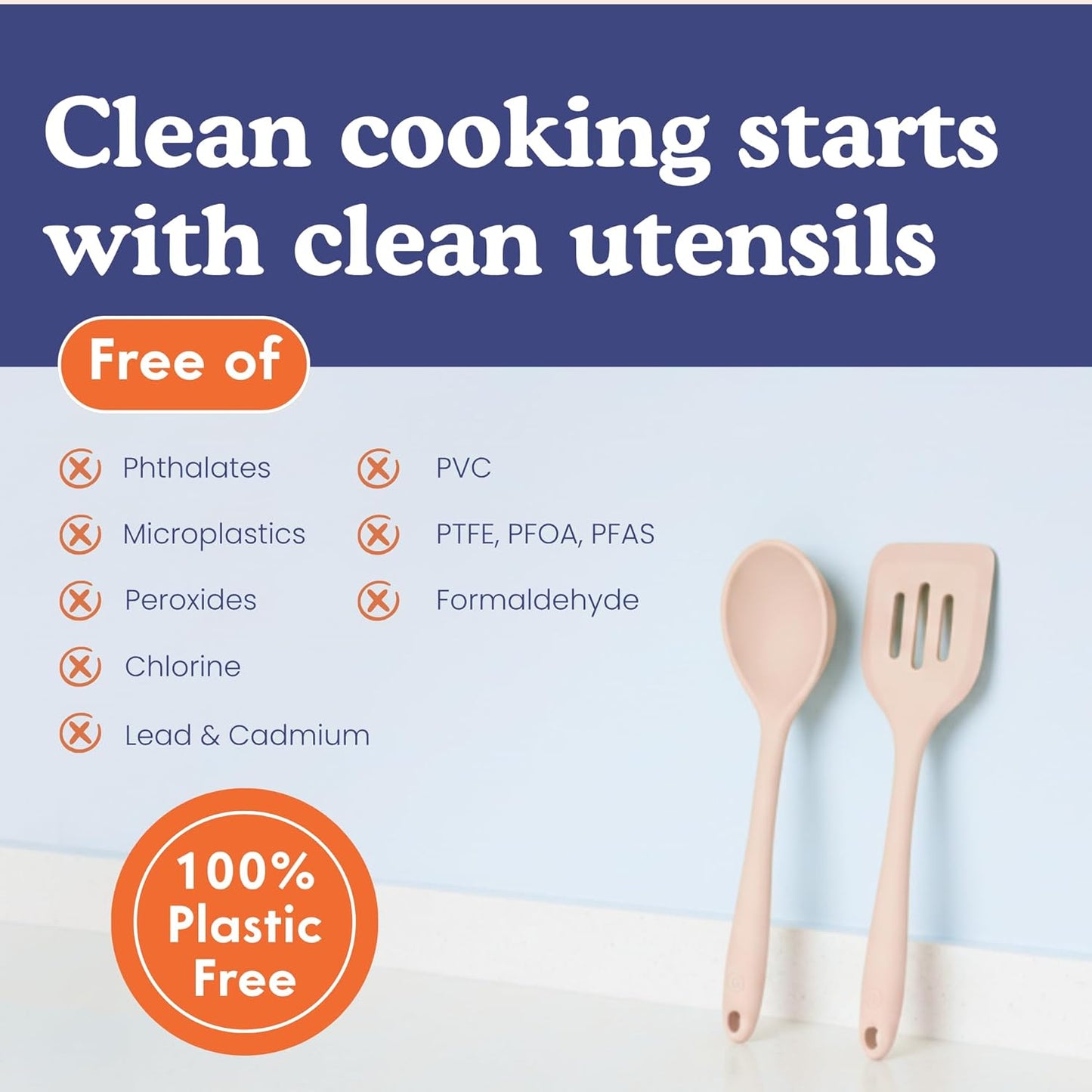 Non-Toxic Platinum Silicone Kitchen Utensil Set of 8 – Non-Scratch Cooking Spoons & Spatulas, 100% Plastic Free, Stainless Steel Core, Heat Resistant 500°F, Beige
