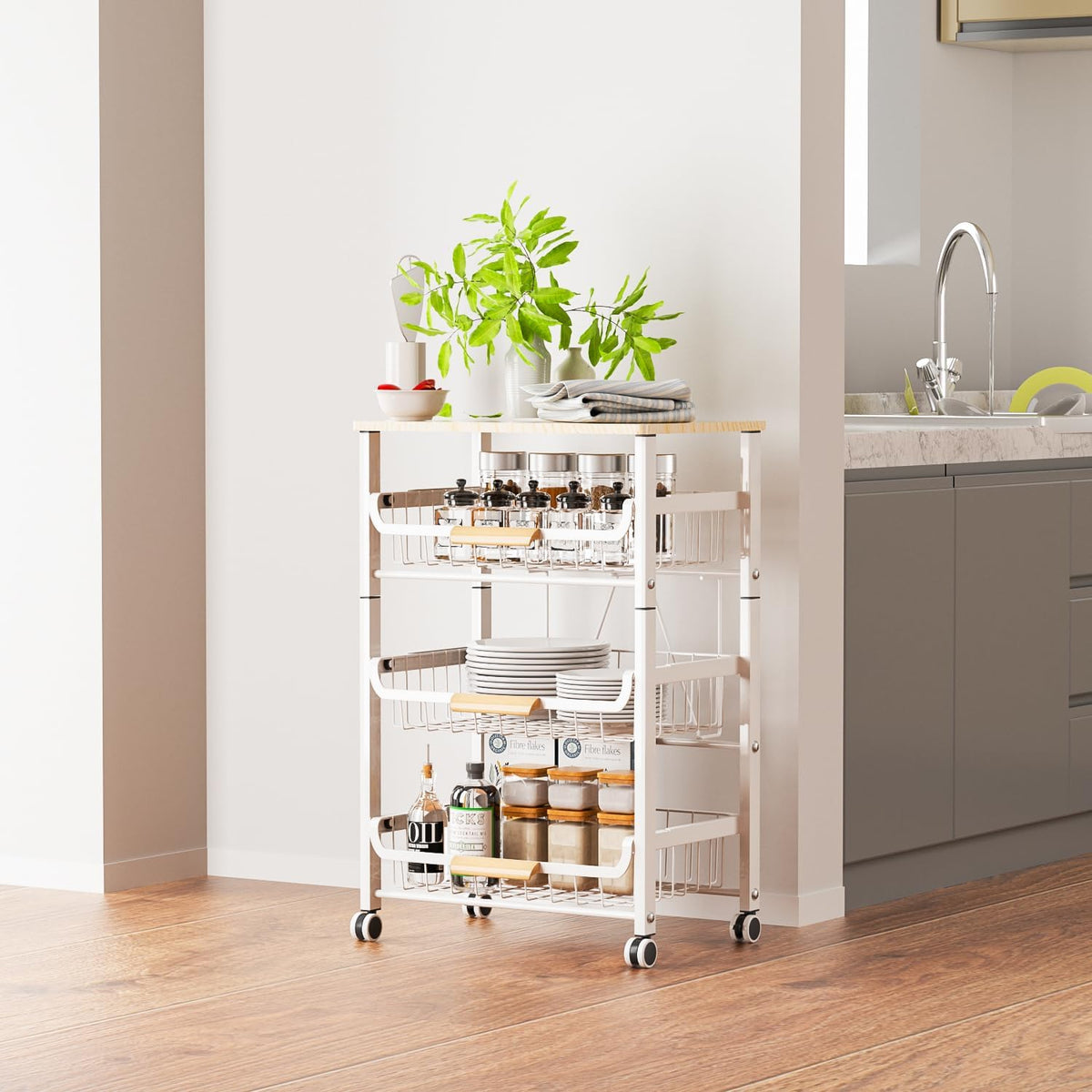 JAQ Slide Out Fruit Vegetable Basket for Kitchen, 4-Tier Rolling Storage Cart with Wooden Handle & Top, Metal Wire Produce Rack for Pantry Organization, Onion Potato Storage Bins for Small Space,White