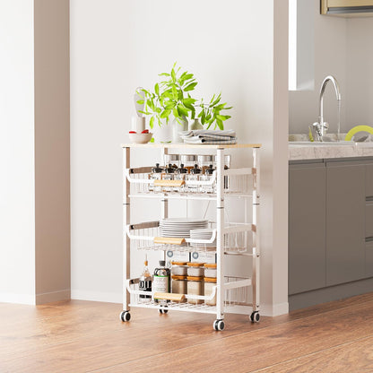 JAQ Slide Out Fruit Vegetable Basket for Kitchen, 4-Tier Rolling Storage Cart with Wooden Handle & Top, Metal Wire Produce Rack for Pantry Organization, Onion Potato Storage Bins for Small Space,White