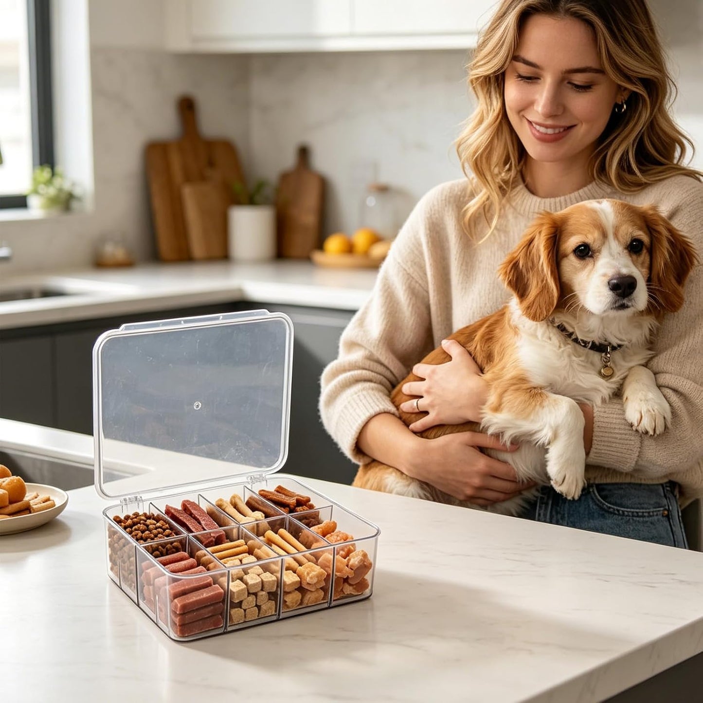 Dog Treat Organizer with Flip Lid, Acrylic Airtight Dog Treat Container, Pet Food Bin with Removable Dividers, Rectangular Dog Cat Treat Bin for Dog Cat Bird and other Pet