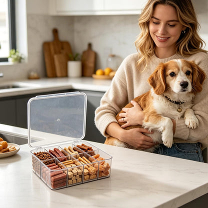 Dog Treat Organizer with Flip Lid, Acrylic Airtight Dog Treat Container, Pet Food Bin with Removable Dividers, Rectangular Dog Cat Treat Bin for Dog Cat Bird and other Pet
