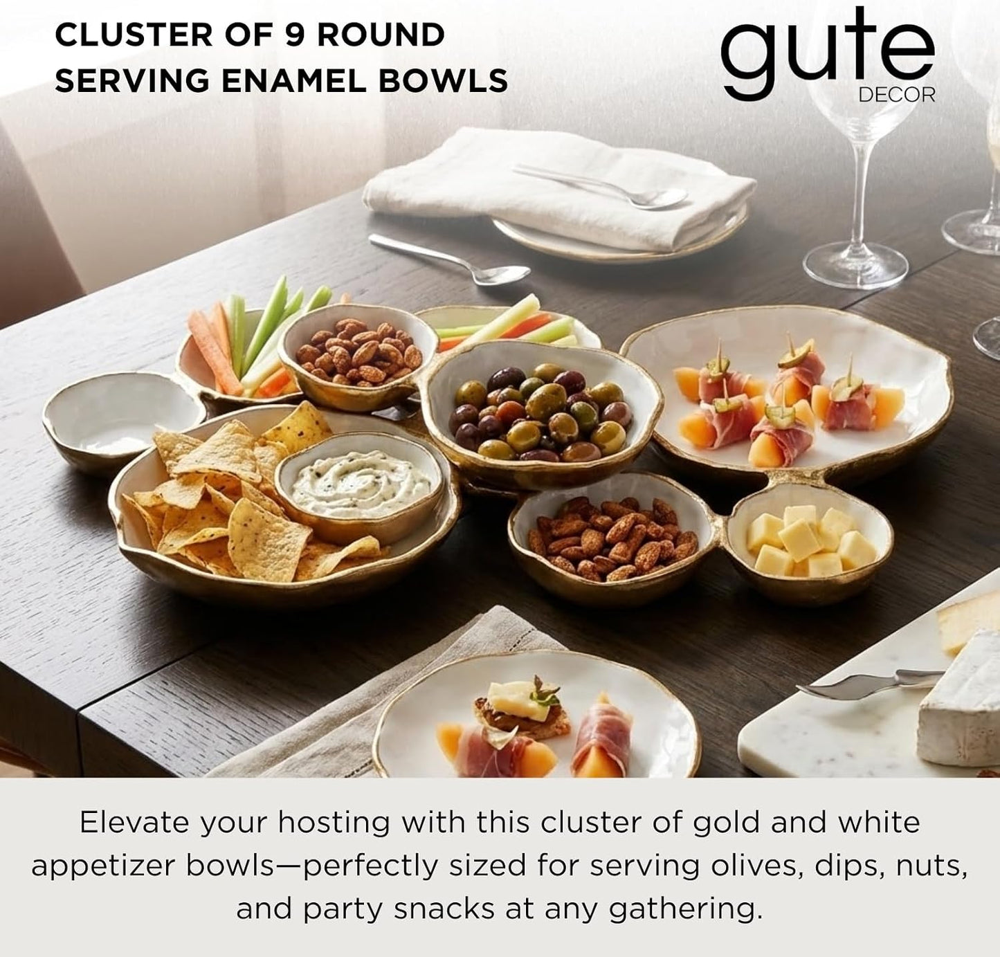9 Cluster Decorative Bowls Bright Gold Brass Snack Tray Bowl Chip & Dip Serving Piece Strong Brass Centerpiece Beautiful Room Accent & Entertaining Parties Home Decor Wedding Gifts 22 Inch Decorative