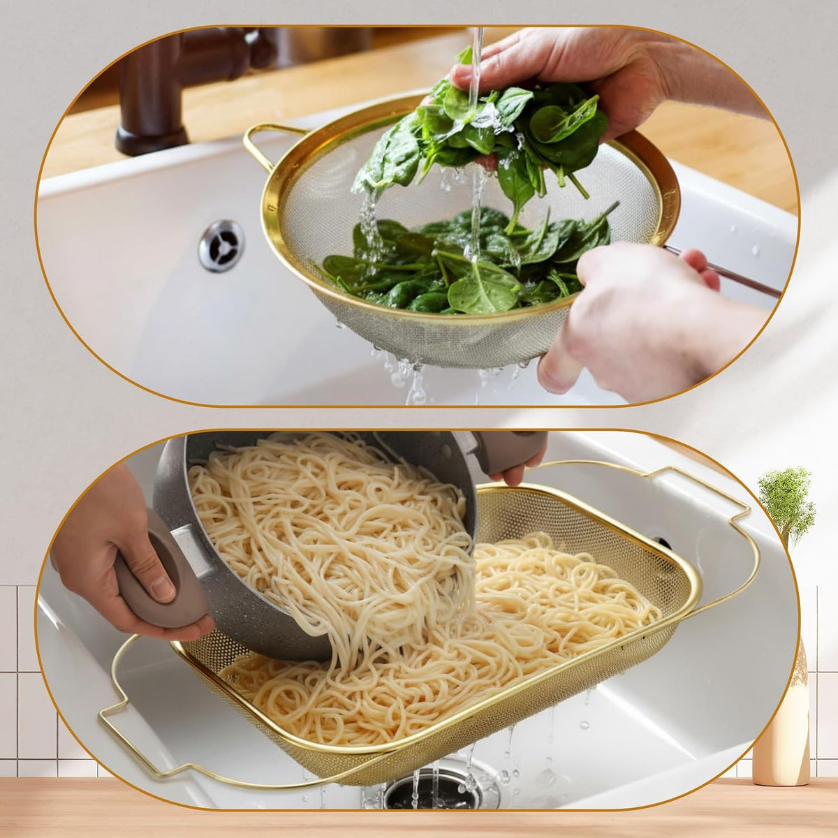 LemonRoad Gold Over the Sink Colander with Expandable Handles and 3 Pcs Gold Fine Mesh Strainer Large Stainless Steel Colander Strainer Basket for Kitchen Accessories (15-18.1 L x 10.6 W x 2.4 H)