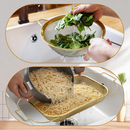 LemonRoad Gold Over the Sink Colander with Expandable Handles and 3 Pcs Gold Fine Mesh Strainer Large Stainless Steel Colander Strainer Basket for Kitchen Accessories (15-18.1 L x 10.6 W x 2.4 H)
