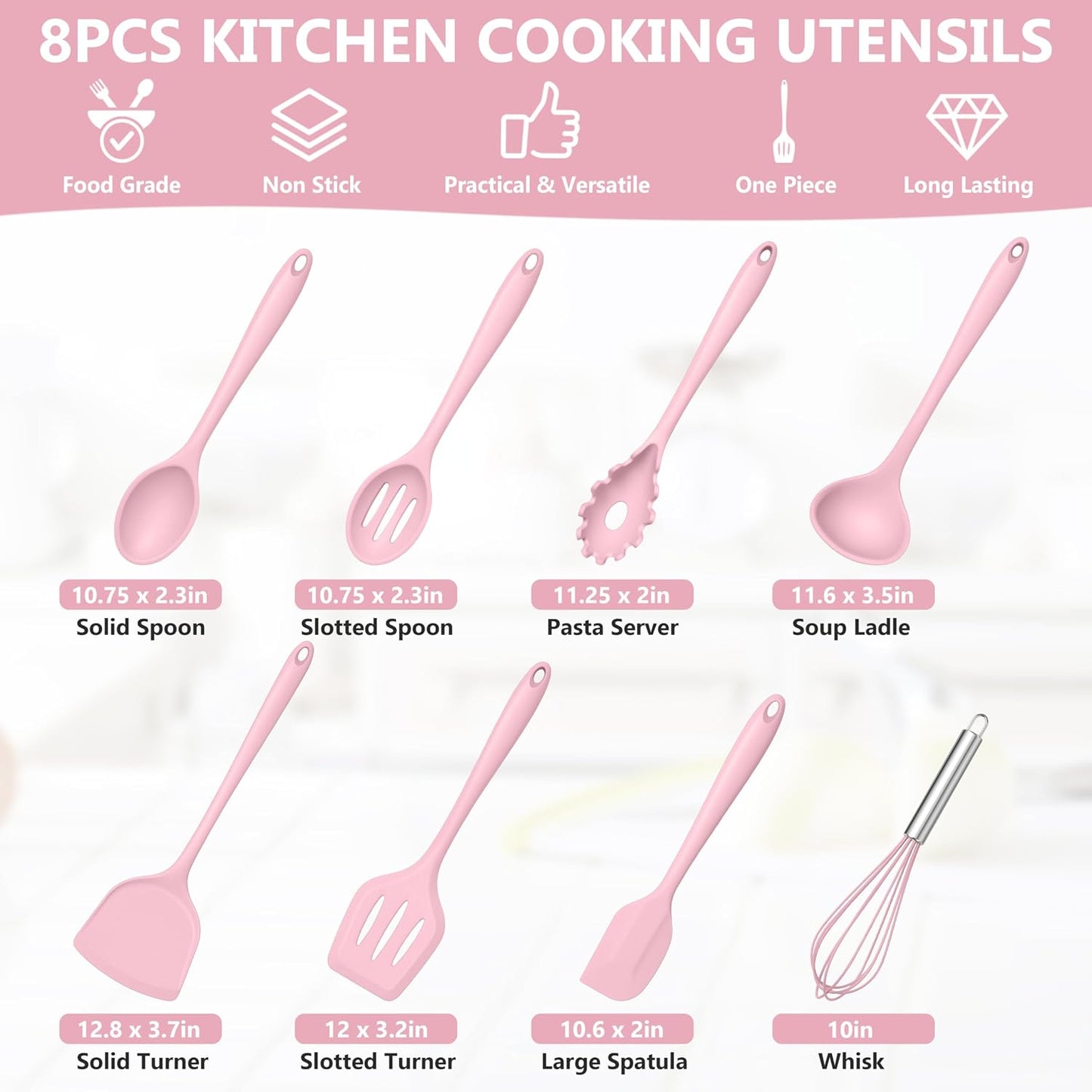 TeamFar Silicone Cooking Utensils Set, 8 PCS Kitchen Utensils Set, 446°F Heat Resistant, Turner, Spatula, Spoon, Whisk, Kitchen Cooking Gadgets Tools for Nonstick Cookware, Dishwasher Safe-Khaki